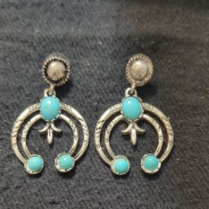 Silver Tone Faux Turquoise Blue Dangle Drop Statement Earrings